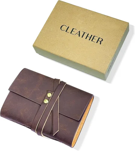 Vista 6 de Diario de cuero genuino de 4 x 6 pulgadas para hombres y mujeres con caja de regalo, 300 páginas de papel kraft forradas, diario encuadernado