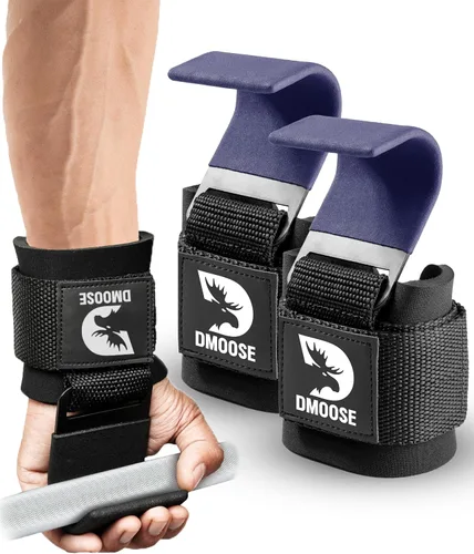 Vista 20 de DMoose Fitness Ganchos de levantamiento de pesas (par) para peso muerto, dominadas, remo y encogimientos de hombros – Correa de nailon