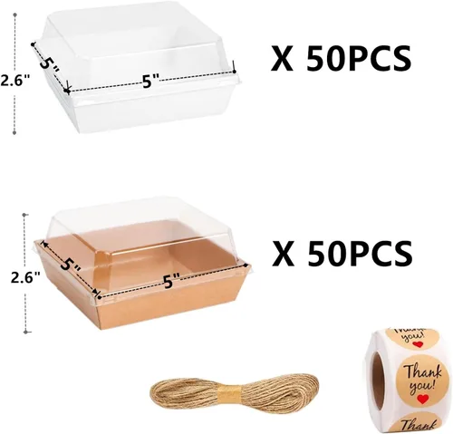 Vista 2 de Paquete de 100 cajas de charcutería con tapas transparentes, recipientes desechables para postres de panadería, cajas para llevar con cordel
