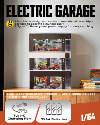 Vista 4 de Vitrina fundida a presión a escala 1/64 para almacenamiento de ruedas calientes, garaje eléctrico con luces LED, control de voz apilable