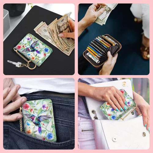 Vista 3 de Cartera RFID, tarjetero para mujer, cartera pequeña con ranuras para tarjetas, tarjetero de cuero RFID, tarjetero con llavero para tarjetas