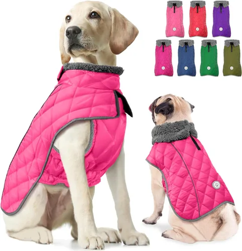 Vista 12 de Fragralley Abrigo de invierno para perro, chaqueta de forro polar reflectante impermeable y resistente al viento con agujero para arnés, chaleco