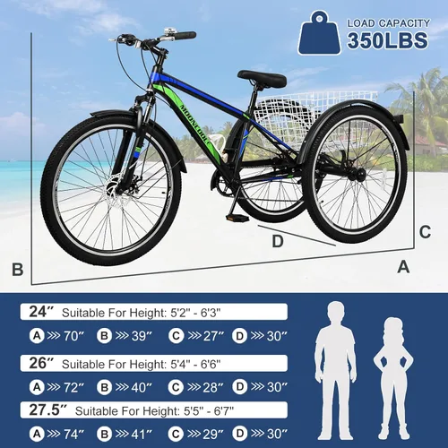 Vista 3 de Barbella Bicicleta de montaña para adultos, 7 velocidades y tres ruedas, triciclo de montaña para adultos, triciclo de crucero, triciclo