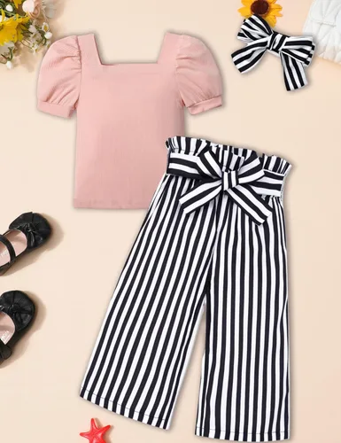 Vista 33 de DONWEN Conjunto de 3 piezas de ropa para niñas pequeñas y niñas con cuello cuadrado + pantalones elegantes + diadema para primavera y verano