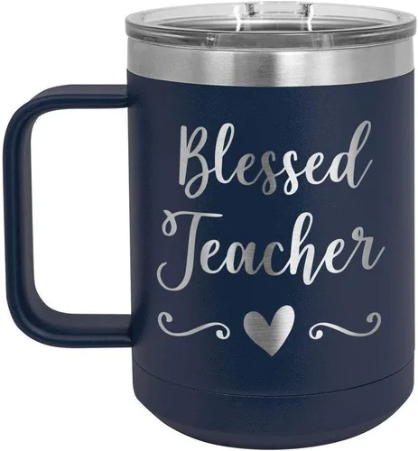 Vista 18 de BLESSED TEACHER Negro 15 oz Taza de café w/tapa deslizante Taza de café de viaje aislada Ideas de regalos de cumpleaños o Navidad de mujeres u