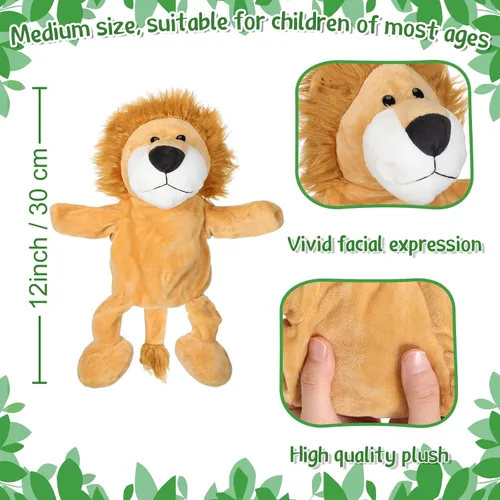 Vista 2 de Wettarn 10 piezas de marionetas de animales de mano de 12 pulgadas de felpa suave, diseño de león, orangután, jirafa, tigre, cerdo, elefante