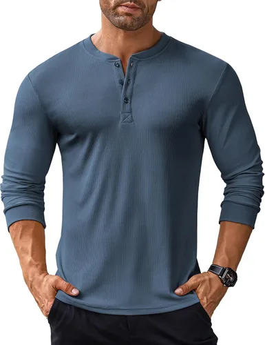Vista 19 de COOFANDY Camisas Henley de manga larga para hombre, camisetas elásticas acanaladas, camisetas básicas casuales de moda