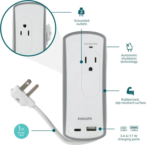 Vista 3 de Philips Protector contra sobretensiones de viaje de 2 salidas, 2 USB 1A/1C, 5V/3.4A, 300J, 1 pie, gris/blanco, SPP2111WA/37