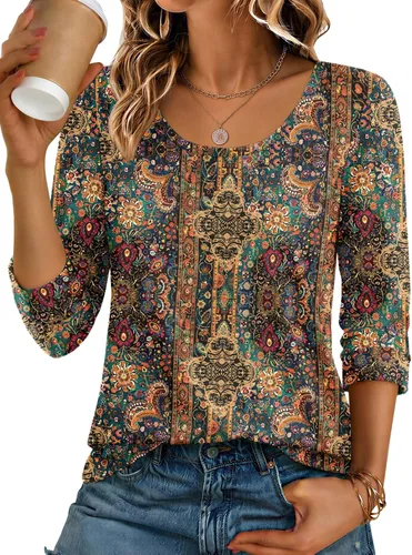 Vista 11 de Ekouaer Camisetas básicas casuales de manga 3/4 para mujer, cuello redondo Rayado Caqui