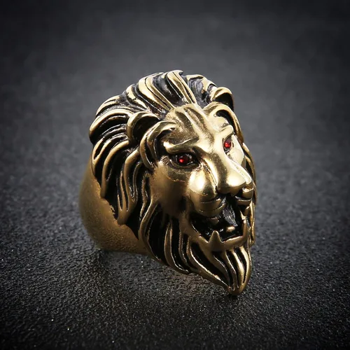 Vista 4 de HZMAN Anillo vintage de acero inoxidable 316L para hombre, diseño de león, ojos rojos, metal pesado, rock, estilo punk, gótico, plateado, dorado