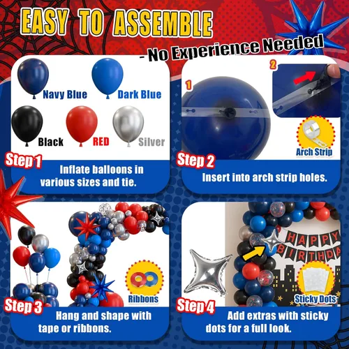 Vista 7 de Kit de arco de globos de araña azul marino, rojo, negro y plateado, globos