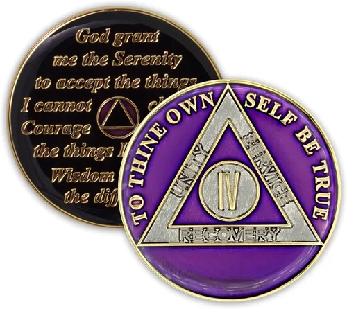Vista 8 de Moneda de sobriedad de 4 años Ficha de aniversario de recuperación de chip AA Triplate (negro) Alcoholics Anonymous 24k Gold Plated Heavy