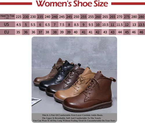 Vista 6 de AUNTHUI Botines de cuero genuino para mujer, botas cortas planas con punta redonda, cómodas y suaves, con cremallera lateral, botas casuales retro