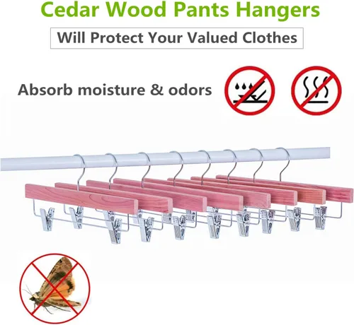 Vista 5 de Amber Home Paquete de 12 perchas para pantalones de madera de cedro rojo americano, perchas de madera de cedro natural con 2 clips ajustables