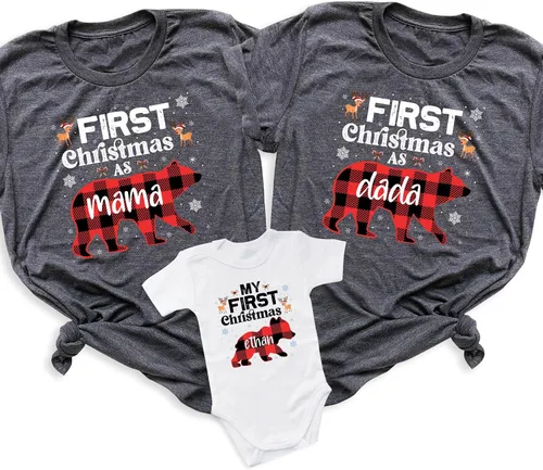 Vista 9 de First Christmas as Mama Dad Baby Bear Shirts, Custom Family Matching Christmas Outfits, Buffalo Plaid Bear Mom Dad Baby T Shirt White