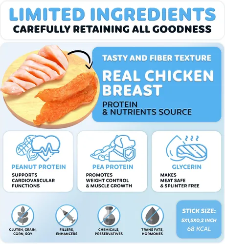 Vista 4 de Golosinas de pollo para perros, sin cuero crudo, aperitivos para perros de apoyo a la salud dental, pollo real, sin granos, bajas en calorías, alto