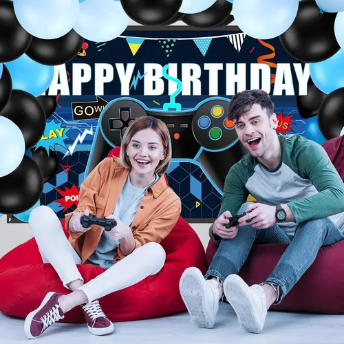 Vista 5 de Skylety 34 Piezas Decoraciones de Cumpleaños de Jugador Suministros de Fiesta de Videojuegos Incluyendo Telón de Fondo de Feliz Cumpleaños