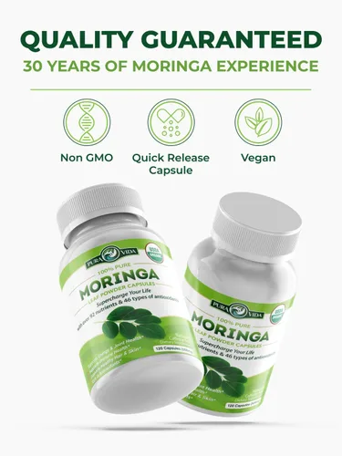 Vista 5 de PURA VIDA MORINGA Cápsulas de polvo de Moringa de origen único orgánico. Hoja pura de Moringa. Energía, metabolismo y apoyo inmunológico. 120