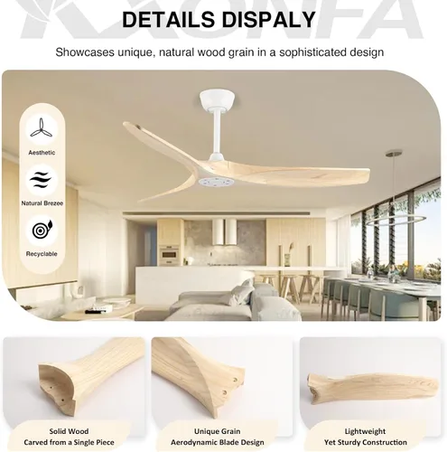 Vista 8 de Ventilador de techo de 52 pulgadas, sin luz, ventiladores de techo de madera para exteriores con control remoto, montaje empotrado, 3 aspas, motor