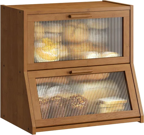 Vista 11 de GHWIE Panera de bambú de doble capa para encimera de cocina, contenedor de almacenamiento de pan de gran capacidad, recipiente para pan con panel