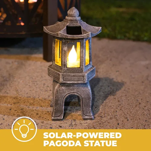 Vista 2 de VP Home Estatua asiática alimentada por energía solar, decoración de jardín de pagoda, linterna de jardín zen al aire libre, luz LED parpadeante