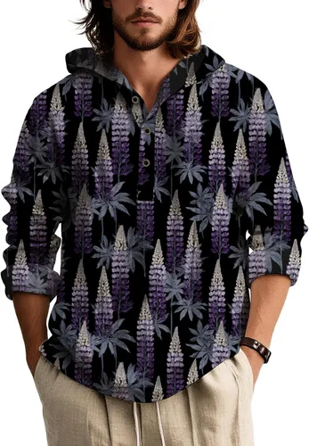 Vista 11 de Sudadera con capucha con estampado bohemio para hombre, de otoño, a la moda, con un cuarto de botón, manga larga, holgada, con capucha, de gran