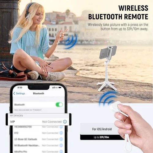 Vista 7 de NEEWER Palo selfie con obturador remoto Bluetooth desmontable, trípode de viaje plegable ligero para iPhone para vlogs de YouTube/TikTok