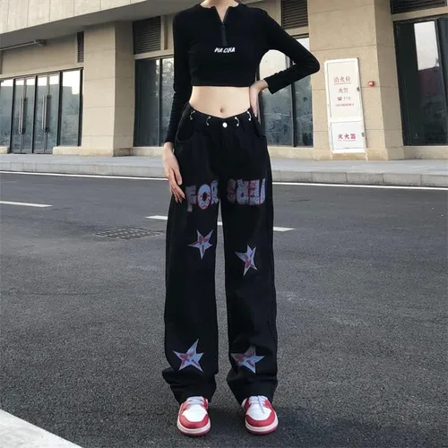 Vista 2 de CYee Jeans de cintura alta para mujer, pantalones altos con estampado de estrellas, pantalones Grunge, pantalones holgados y estéticos para la calle