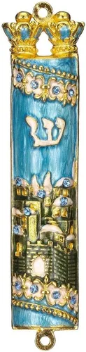 Vista 12 de Matashi Mezuzah para puerta con pergamino, pintado a mano esmalte azul Arca de Noé Mezuzah caso con jirafas, elefante y espinilla hebrea, decoración