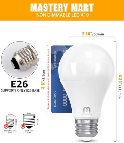 Vista 3 de MASTERY MART Bombillas LED A19 equivalentes a 60 vatios, 9 W no regulables, sin parpadeo, 800 lúmenes, blanco suave 2700 K, base E26, 10000 horas