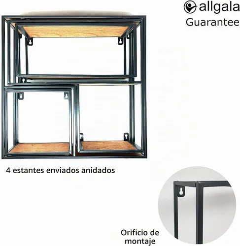 Vista 8 de allgala Juego de 4 estantes flotantes con marco de metal negro con acabado de madera