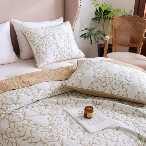 Vista 2 de Mixinni - Juego de colcha reversible de 2 piezas, tamaño individual, color beige, con patrón bordado elegante, juego de edredón y funda de almohada