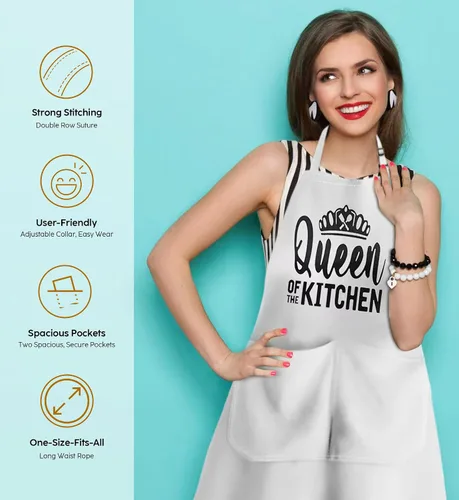 Vista 4 de Juego de delantales King & Queen, delantales de cocina a juego para parejas con bolsillos profundos y costuras reforzadas, equipo de cocina