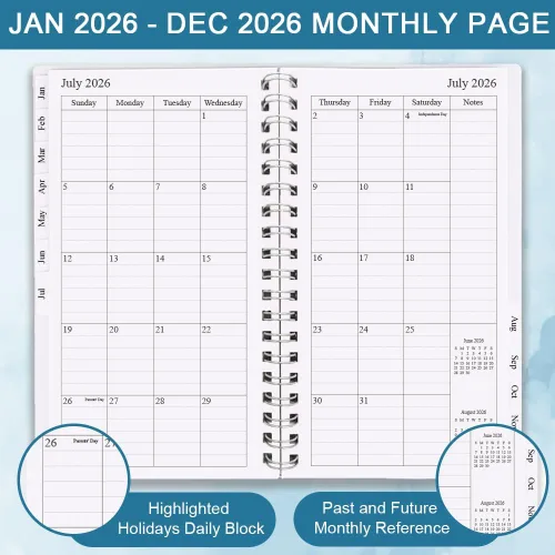 Vista 3 de Agenda/calendario de bolsillo 2024, organizador semanal y mensual A6 + diario p/realizar seguimiento de objetivos, fácil organización de tu vida Azul