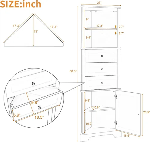 Vista 2 de Armario esquinero alto con 3 cajones y puerta, estantes ajustables, organizador de almacenamiento de baño para sala de estar o cocina, color blanco