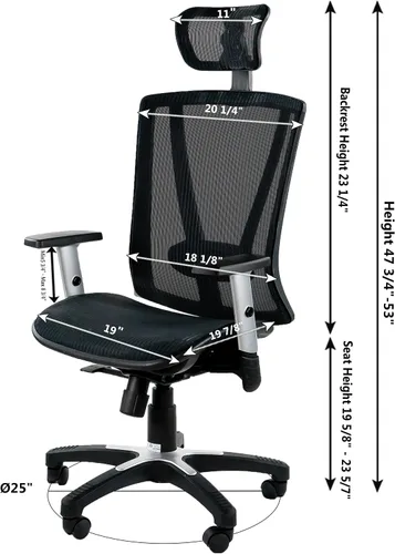Vista 3 de Silla de oficina ergonómica ajustable negra de 53 pulgadas de alto, silla ergonómica de oficina en casa, silla ergonómica con reposacabezas, sillas
