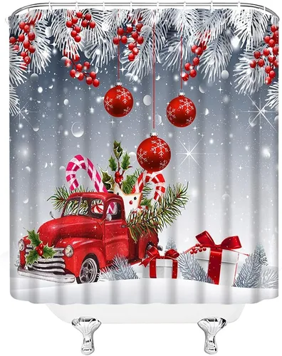 Vista 3 de Cortina de ducha de Feliz Navidad, bola de Navidad roja, camión retro, hojas de pino blanco, bayas, caja de regalo de Navidad, vacaciones, feliz año