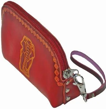Vista 2 de Monedero de cuero genuino con diseño de elefante, billetera, hecho a mano con elefante rojo, Rojo