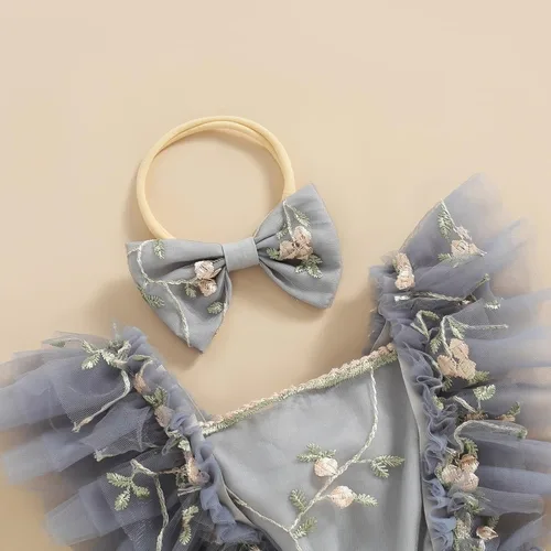 Vista 5 de Comoraecos Vestido mameluco de encaje floral para bebé, vestido de princesa con bordado de tutú y mangas para atar, sin espalda, vestido de princesa