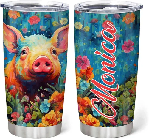 Vista 13 de Hyturtle Regalos personalizados para los amantes de los cerdos – Pigs Are My Spirit Animal vaso de acero inoxidable con nombre personalizado de 20