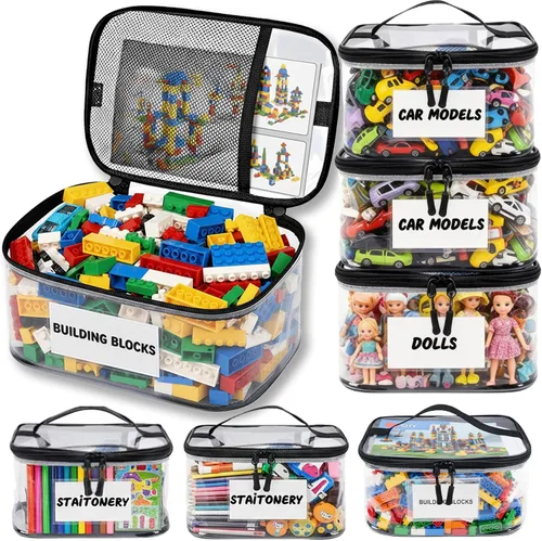 Vista 9 de Paquete de 6 bolsas de almacenamiento transparentes extra grandes con etiqueta y bolsillo, bolsas organizadoras versátiles impermeables para libros