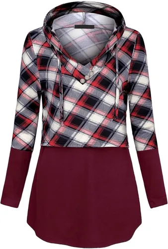 Vista 2 de QUINEE sudadera con capucha para mujer de manga larga a cuadros, bloque