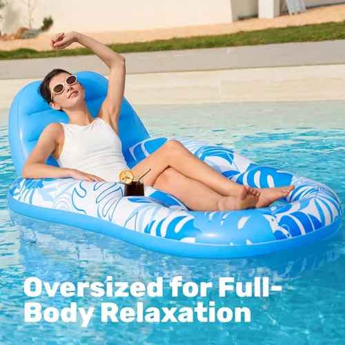 Vista 2 de Sloosh Flotadores inflables para piscina, tumbona para adultos, flotador de piscina flotante, silla reclinable flotante con portavasos y reposapiés