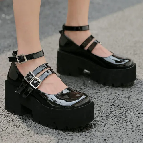 Vista 6 de KIKIVIVI Womens Patent Leather Mary Jane Goth Platform Ankle Strap Chunky Heel Pumps
