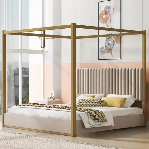 Vista 10 de Cama de Plataforma con Dosel de 4 Postes de Lujo Moderna Tamaño Queen con Cabecera Alta Tapizada en Terciopelo, Marco de Cama de Plataforma