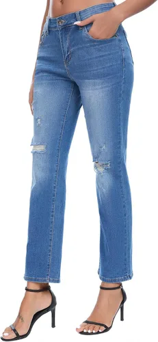 Vista 8 de Jeans para mujer, rasgados de cintura media, jeans estilo boyfriend, pierna recta, elásticos, desgastados, jeans para mamá con agujero