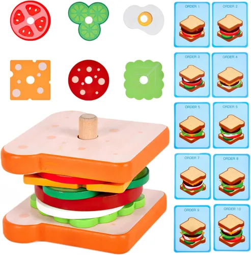 Vista 8 de Juguetes de hamburguesas de madera para apilar para niños, alimentos de juego Montessori para niños pequeños, juguetes educativos para niños de más