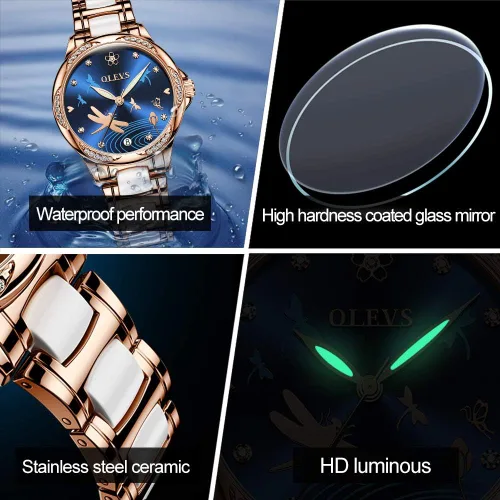Vista 6 de OLEVS Relojes para mujer, de cuerda automática, oro rosa, diamante, reloj de pulsera mecánico automático, acero inoxidable, dos tonos, pulsera
