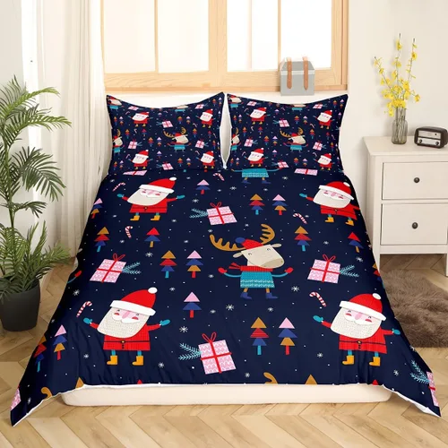 Vista 39 de Juego de ropa de cama de Feliz Navidad, funda de edredón azul con árbol de Navidad para niñas y niños, elegante funda de edredón de copo de nieve