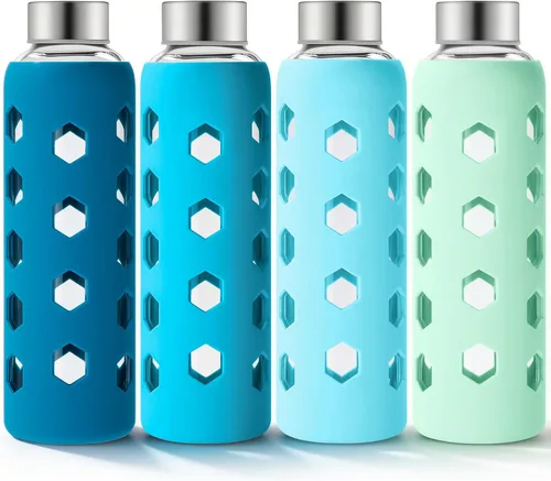Vista 14 de Mrsdry Botellas de jugo de vidrio con tapas y fundas de silicona de 18 onzas, paquete de 4 botellas de agua reutilizables de vidrio transparente